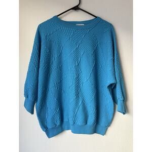 VINTAGE 80s Women Sweater XL Neon Turquoise Textured Long Sleeve Crew Neck